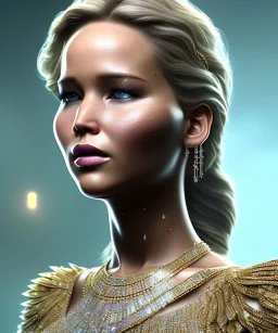 A portrait of a crystalised queen Jennifer Lawrence, atmospheric, realistic, unreal engine, cinematic lighting, octane render,8K, dark,