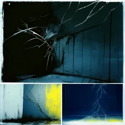 Minimal abstract oil painting of a large blue leaf plant in concrete warehouse brutalist architecture and hanging wires illuminated at night. With triadic yellow colours. In the style of Justin Mortimer and Phil Hale, Ashley Wood