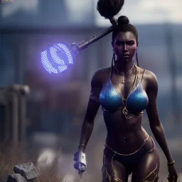 full body shot, masterpiece, best quality,dark skin, sparkling eyes, fluorescent skin,purple-dark makeup, gangsta, armed ,highly detailed body, sun light, 4K, RAW, high contrast, realistic details, 24mm , depth of field ,afrofuturistic,