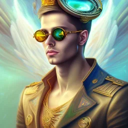 water color and spray painting fantasy art, portrait angel muscleman, dark hair,top hat, wearing golden sun glasses,bag of tricks, standing in portal to wet forest world from city world,poetry book illustration