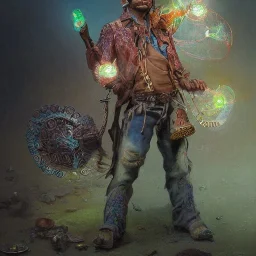 Insanely detailed photograph of an “ a mustachioed midevil cowboy warrior "with worn Sombrero, handsome charo,cigar,glowing bluish green orb in outstretched hand, hyperdetailed painting by Ismail Inceoglu Huang Guangjian and Dan Witz CGSociety ZBrush Central fantasy art album cover art,8K, hdr, mysterious, flickeringlights ,Stoic