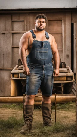 half figure photography of a burly chubby overweight muscular brazilian farmer 25 years old, sweat near a tractor, short curly hair, tattoo, big goatee, manly chest, dirty tank top and dirty boxer , hand on the fap, tank top with dirty overalls, on the door of a large barn, under the sun