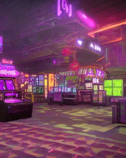 A dark photo of the corners of an 80's aesthetics arcade at night, with a lot of functioning arcade machines, a vaporwave floor and some colorful tiles in between the floor. Purple aesthetics. There are some pizza boxes over some of the arcade machines