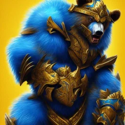 An angry bear warrior in blue and gold armor, background of Inka jungle, high detail, smooth, realistic, digital illustration, Artstation, artgerm,