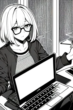 hacker girl with glasses use a laptop sitting in a cafe, line arts, greyscale