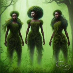 Painting .the faces of 5 young black women. Young women sitting wood nymphs emerging from the forest. THeir hair looks like vines. Dreadlocs. Their skin is the colour of dark soil. their skin looks like tree bark. Their clothing is made of vines, grass and leaves.