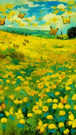 A yellow stinky field with butterflies designed in Heidrun manuscripts painted by Claude Monet