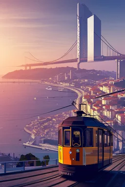 lisbon city view in fantasy cyberpunk style with famous tram