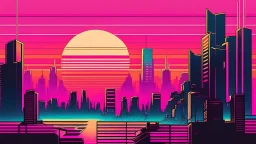 synth-wave, synth-wave one sun, synth-wave city, simple,iconic:1.8), synth-wave color in city, comic style