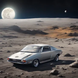 a fast food drive in on the moon, moon landscape with the earth in the back, moon cars are waiting to be served, photorealistic, full color