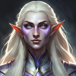 Generate a dungeons and dragons character portrait of the face of a female summer Eladrin. She is a Grave Cleric. Pale skinned with hints of purple iridescence and pale eyes. Long sleek bright hair