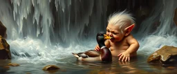master oil painting by Rembrandt,cute trolls bading baby inside waterfall with huge duck