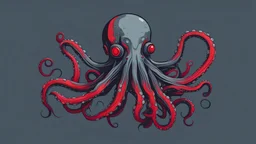 cyborg octopus, duotone illustration, cool, minimal, plain dark grey bg, detailed, red, dark grey, black, and blue colors