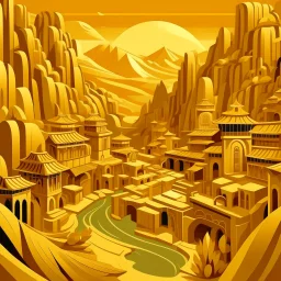 A golden yellow Mayan village near a canyon in art deco art style