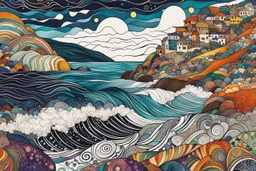 random color Zentangle patterns in the styles of Gustav Klimt ,Wassily Kandinsky, Paul Klee, and Kay Nielsen that depicts a rocky windswept coastal shore, with fine ink outlining