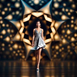 A full-body shot of a beautiful lady walking and looking at the camera within an intricate origami-style 3D fractal interstellar world. The image uses a blurred bokeh effect, folded paper aesthetic, geometric precision, sharp subjec