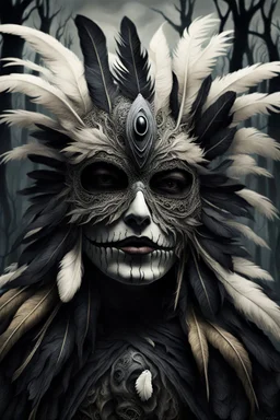 An surreal stunning image of a crepy ritualistic Feathered face Mask mutant witd dark eyes, pale skin, on creature, with dark muted tones, a grim and weird atmosphere, textured impasto-like effect with ink, intricate details, surreal vibe, expressive focusing, muted tones, gradients, thriller and utopistic mood, in background barren landscape, ruins, dark shadows