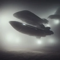 spaceship in fog, cinematic lighting, 4k, 8k, octane render, digital concept art, pinterest, extremely detailed, ambient lighting.