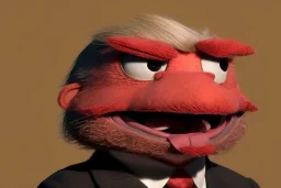 Angry muppet trump in suit, no tongue, looking forward, face, Small and round puffball nose