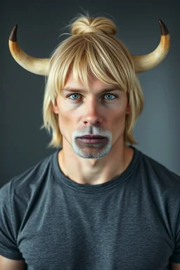 A portrait of an attractive stern ox polar bear Erling Braut Håland with wig, shoulder-length blond hair tied in a tight knot, pale skin,light green eyes, muscular build, wearing grey t-shirt