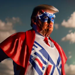 realistic image of donald trump as a mexican wrestling fighter posing outdoors, Mexican eyes wrestling mask, red and blue breeches, confederate flag cape, retro style, 80s, vibrant color, highly detailed, sky background, concept art, unreal engine 5, god rays, ray tracing, RTX, lumen lighting, ultra detail, volumetric lighting, 3d, finely drawn, high definition, high resolution.