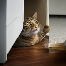 cat finds mouse under cupboard