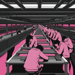 faceless students hunched over desks on large conveyor belt, digital art, concept art, deep colors, surreal, moody, dramatic, Pink_Floyd aesthetics, depth of field