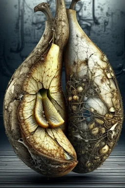 Grunge, woman as a decaying dried out Pear intricately showing its internal structure and seeds, cyberpunk, ultra unique natural textures, slight imperfections, vray.