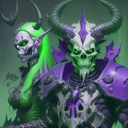 Demonio con armadura verde y negro y casco de calavera posando con un demonio de armadura morada y verde con cabellos blancos