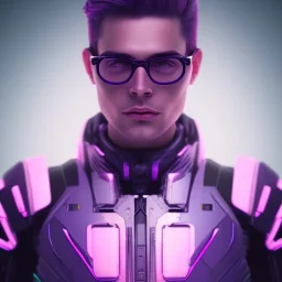 Cute boy face eyeglasses , Sci-fi character, purple backlight, pink and purple, scifi suit, profile, purple background, pink lighting