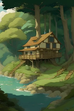 casa na floresta, rio, árvores secas, ghibli style