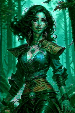 create an adult female air genasi from dungeons and dragons, black medium hair, light blue eyes, blue skin, wavy hair, wearing red leather clothing, full body, digital painting, high resolution, forest background, a bit zoomed out