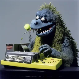 Godzilla as a muppet kawaii calling phone using a nokia, studio photo. Magazine 1980