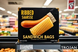 satirical product advertisement, Trojan brand black and gold sandwich bag box on display on a grocery store shelf, "RIBBED SANDWICH BAGS", picture on box is a long tubular hot dog bun poking out of an opaque yellow crenelated plastic bag, photorealistic, HD, natural lighting, Trojan brand logo