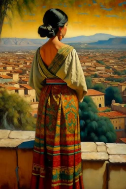 2 mexican woman painting neoclassism standing from the back whole body zoom out looking at a traditional mexican city