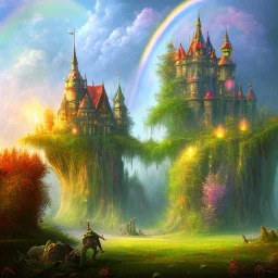 Realm of witches, strange trees, rainbow castle on horizon, water made of glass