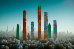 One mile tall plastic city Towers made out of stacked Rubik's CubeS, Orange, white, blue, green