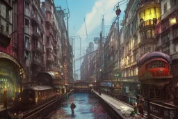 Corner Elevated Train run raid Train Canal River and corner shop greengrocer in colorful Italian street+Gothic city+BioShock+Dishonored+Bloodborne +trieste+Edinburgh+Chicago+victorian London+decòpunk Skyscraper+ +steampunk+biopunk+alphonse mucha, greg rutkowski,matte painting, cryengine, hyper detailed, felix kelly, fantasy art, seb mckinnon