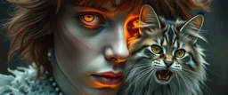 high class realism, dented skin, victorian era, cyber punk, A really close up portrait of one person individually mutated with hairy wigs glowing, and a long haired cat that just came out of a violent twister