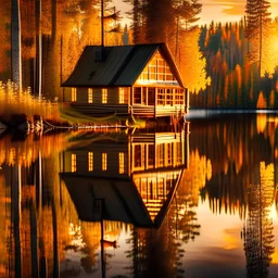 autumn, golden hour, forest cabin, lake, reflections, peaceful