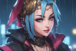 Jinx in 8k anime artstyle, arcane them, crazy laugh, close picture, rain, apocalypse, intricate details, highly detailed, high details, detailed portrait, masterpiece,ultra detailed, ultra quality