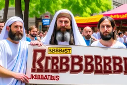 Jesus Christ is holding a big sign that says Kebab Brothers