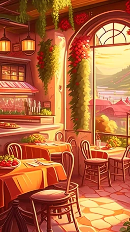 Restaurant, date, scenery, background, art, drawing, very realistic, detailed, vibrant colors.