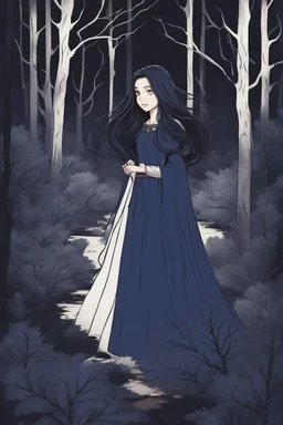 A princess in a dark indigo dress and very long black hair walks through a dark forest full of trees with her knight