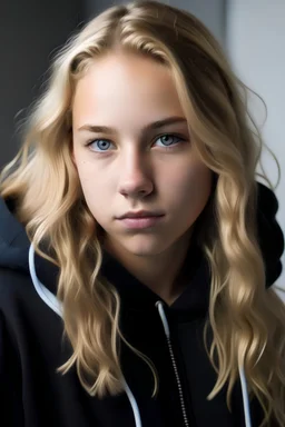 Girl blue eyes blonde wavy ponytail hair with strands in front 14 years old white sweatpants and black zip up sweater