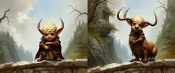 postcard, 4 pics, a blonde fluffy gnome quickling kobold gremlin that looks like the opposite of a vampire in bunad leaning on an elk, holding his horns, all on a stone bridge, in the style of master painter