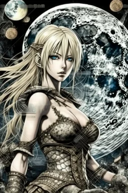 Explosive abstract collage style image of a beautiful anime warrior girl, beautiful blond hair and features, dramatic, pieces of cloth material, textured moon in background, bob wire, gothic surroundings, textures