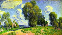 Big rocks, trees, clouds, alfred sisley impressionism painting