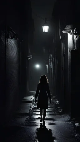 A woman returns home late at night through dark alleys in the style of a horror movie.