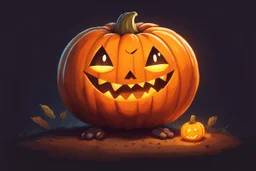 круглая тыква с прорезанной ухмылкой и горящим изнутри оранжевым светом. Маленькое существо в заляпанном землей фартуке, в стиле Stardew Valley